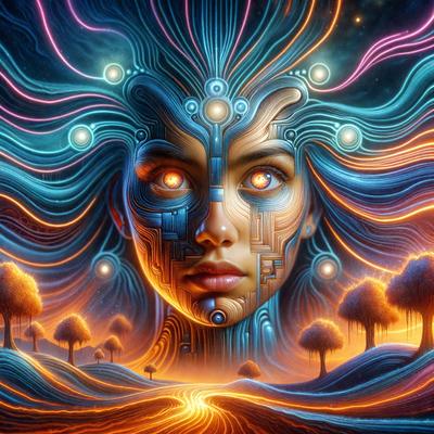 The primary subject of the image is a woman with a futuristic, cyberpunk appearance. She has a blue and purple head, and her eyes are glowing. The setting is a forest with trees in the background. The visual style is digital art, and the colors and mood are vibrant and futuristic.